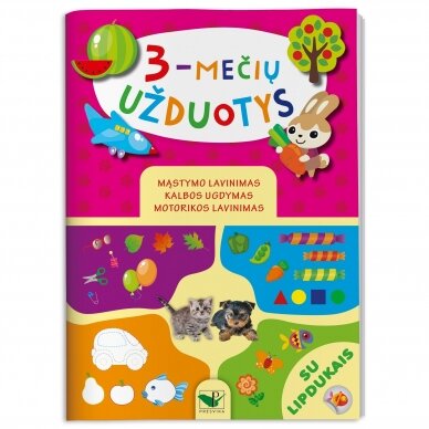 3-mečių užduotys. Su lipdukais. Mąstymo lavinimas, kalbos ugdymas, motorikos lavinimas