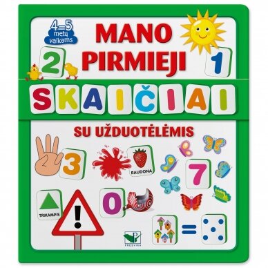 Mano pirmieji skaičiai SU UŽDUOTĖLĖMIS 4-5 metų vaikams (knyga su 64 putplasčio kortelėmis) (NEDIDELI TRŪKUMAI)